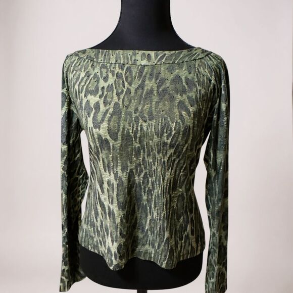 St. John Sport Women’s Exotic Leopard Print Top Green Size Designer Knit - Picture 1 of 5